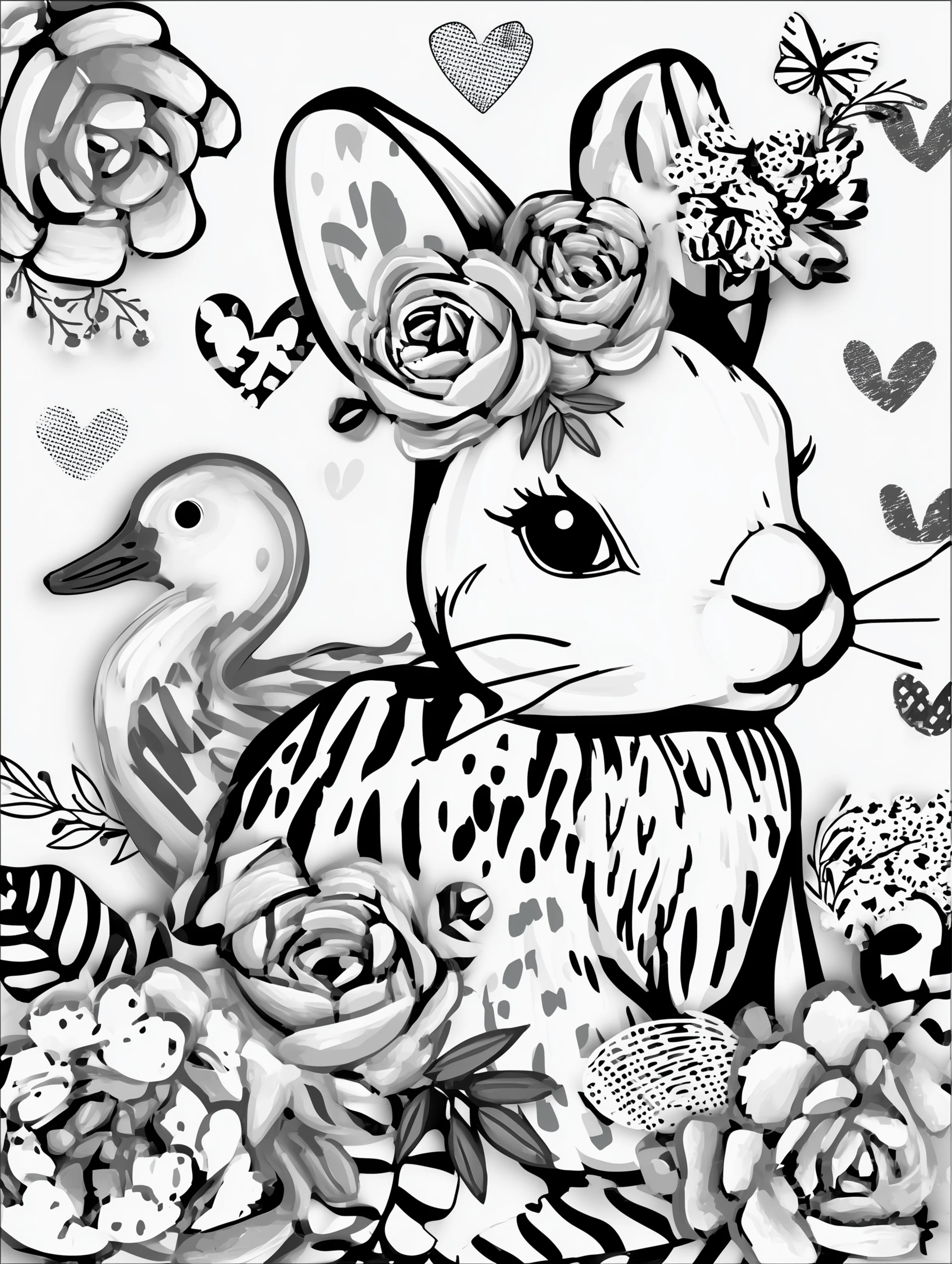Free printable rabbit coloring page for adults featuring a duck behind a bunny